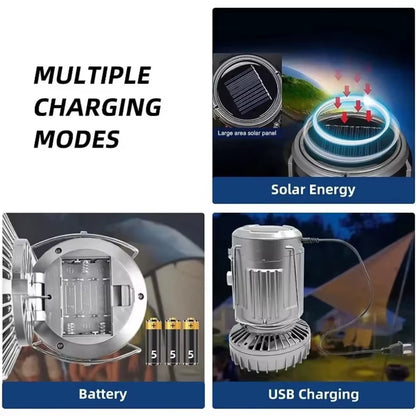 Camping Fan Portable Rechargeable Foldable Hangable Power Bank Lamp Handheld Lantern with Solar Charging